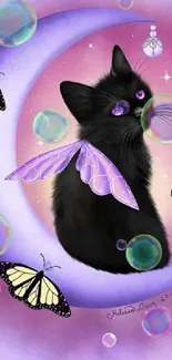 Black cat with purple wings on a crescent moon, surrounded by butterflies.