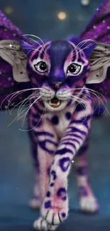 A fantasy cat with purple butterfly wings in magical design.