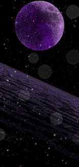 Purple moon in a cosmic night sky scene.