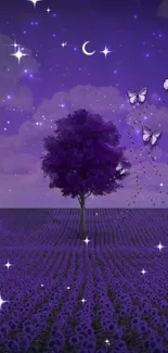 Purple tree and butterflies under starry night sky.