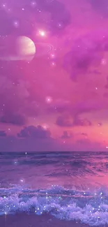 Purple fantasy nightscape over ocean with shimmering waves and distant planet.