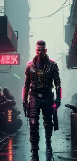 Futuristic cyberpunk city scene with neon lights and a walking figure.