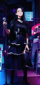 Anime singer in neon-lit cityscape wallpaper.