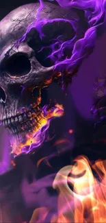 A skull engulfed in vibrant purple flames.