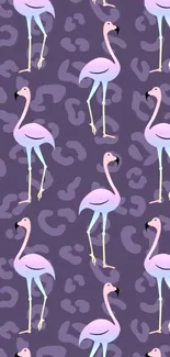 Patterned wallpaper of pink flamingos on a purple background.