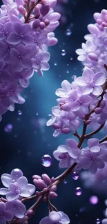 Purple lilac flowers with droplets against night sky.