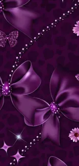 Elegant purple wallpaper with bows and floral accents.