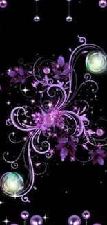 Elegant purple floral design on black wallpaper for mobile phones.