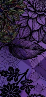 Purple floral wallpaper with intricate black lines and colorful leaves.