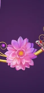 Purple wallpaper with pink flower and golden swirls.