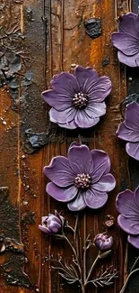 Artistic purple flowers on rustic background.