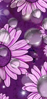 Purple and pink floral wallpaper with bubbles and starry sparkles.