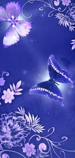 Purple butterfly and floral wallpaper with artistic design.