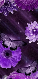 Purple flowers and butterflies mobile wallpaper with artistic elegance.