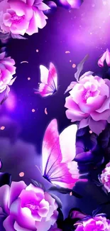 Purple roses and butterflies on a vibrant mobile wallpaper.