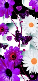 A vibrant purple floral wallpaper with butterflies, daisies, and hearts.