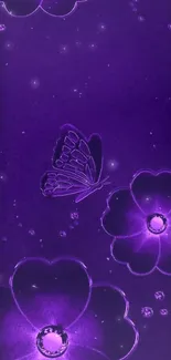 Purple floral wallpaper with butterflies on a dark background.