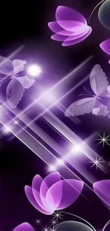 Purple floral and butterfly mobile wallpaper with glowing accents.