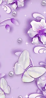 Lavender wallpaper with flowers and butterflies.