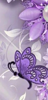 Purple butterfly and floral design wallpaper in elegant style.