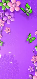 Purple wallpaper with flowers and butterflies.