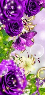 Purple roses and butterfly with glitter accents on a floral wallpaper background.