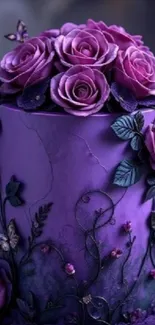 A beautifully decorated purple floral cake with elegant roses and intricate details.