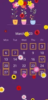 Purple mobile wallpaper featuring a March 2023 calendar with floral designs.