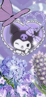 Cute purple cartoon character with flowers and butterfly on phone wallpaper.