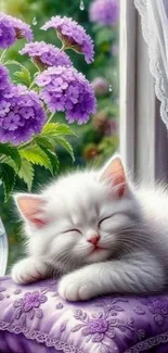 White cat sleeping on lilac pillow with purple flowers by window.