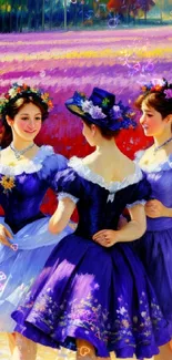 Three women in purple dresses dancing in a vibrant floral field.