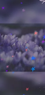 Purple floral wallpaper with vibrant stars.