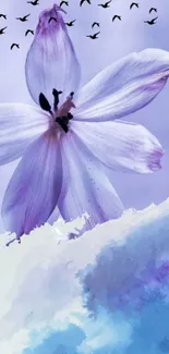 Lavender flower with birds against a soft purple backdrop.