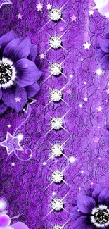 Vibrant purple floral wallpaper with stars.