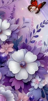 Purple and white floral wallpaper with butterfly in fantasy style.