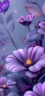 Purple flowers and butterfly fantasy art wallpaper