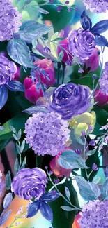 Purple and green floral wallpaper with vibrant flowers.