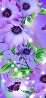 Purple floral fantasy wallpaper with butterflies and greenery.