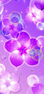 Purple floral fantasy wallpaper with glowing flowers and orbs.