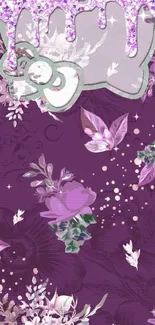 Purple floral wallpaper with whimsical bear and lilac accents.