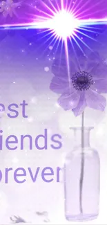 Purple flower in a vase with 'Best Friends Forever' text and radiant light.