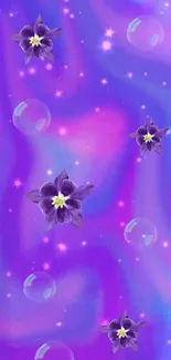 Purple floral wallpaper with bubbles and stars.