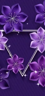 Purple floral geometric wallpaper with triangle pattern and gradient flowers.