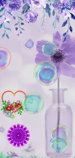 Purple flower in vase with bubbles and floral accents on mobile wallpaper.