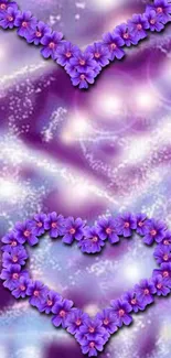 Purple floral hearts with sparkling background.