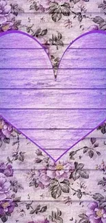 Purple floral heart wallpaper with wooden texture.