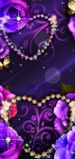 Purple floral heart wallpaper with roses and butterflies.