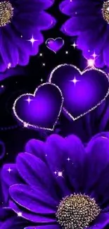 Vibrant purple floral wallpaper with glowing heart accents for mobile screens.