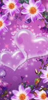 Vibrant purple flower wallpaper with heart shapes and blooming flowers.