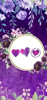 Purple floral wallpaper with heart designs and flower accents.